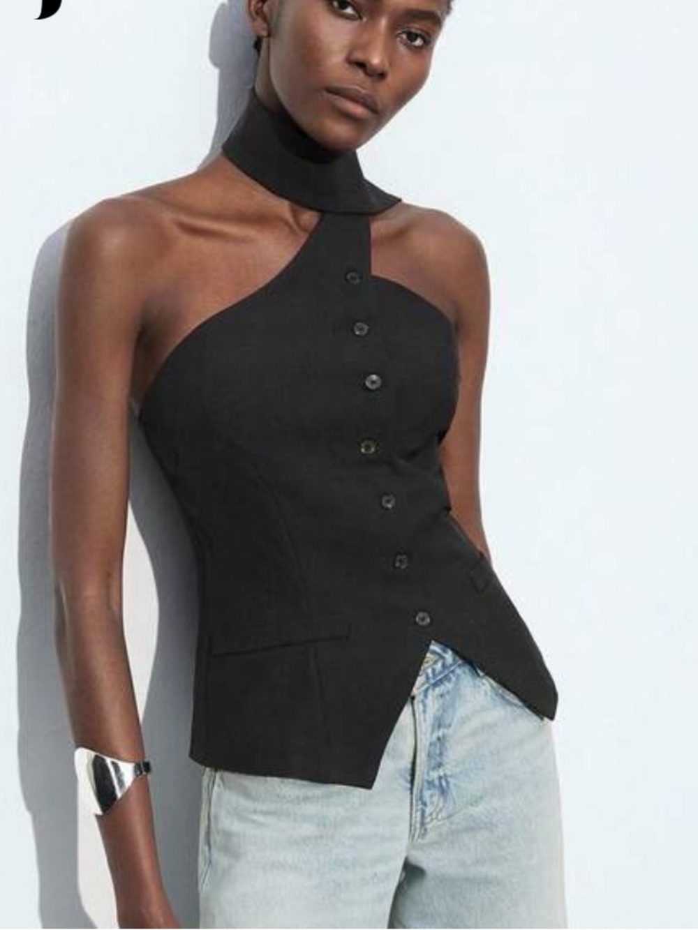 Asymmetric One-Shoulder Black Button Front Top